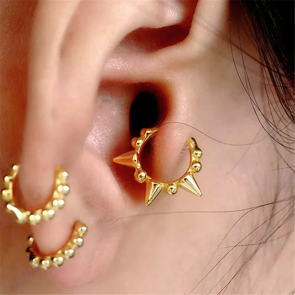 Punk Ball Bead Spikes Stud Small Hoop Earrings for Women Teen Girls 925 Sterling Silver Mini Dot Charms Huggie Hoops Cuff Cartilage Stud Tragus Helix Wrap Earrings Rock Fashion JewelryGold Plated