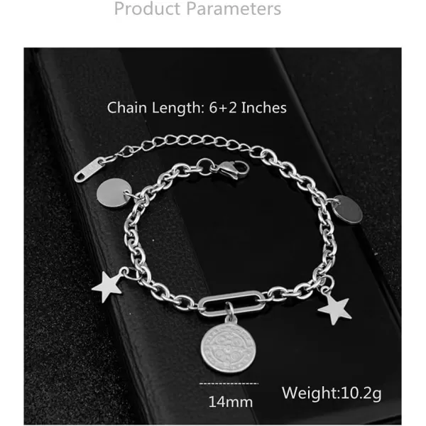 Punk Star Coin Charms Bracelet Anklet for Women Girls Stanless Steel Vintage Round Disc Cross Engraved Adjustable Curb Link Chain Fashion Christmas Birthday Holiday BFF JewelryPunk Star Coin Charms Bracelet Anklet for Women Girls Stanless Steel Vintage Round Disc Cross Engraved Adjustable Curb Link Chain Fashion Christmas Birthday Holiday BFF Jewelry