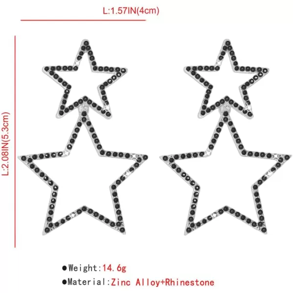 Rhinestone Big Star Dangle Earrings for Women Girls Hypoallergenic Crystal Long Tassel Stars Charms Drop Dangling Stud Fashion Lightweight Festival Christmas Birthday Party Jewelry Dainty Gifts for Friends FansSilver with Black Zircon