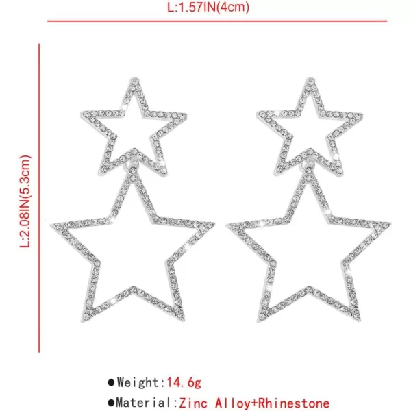 Rhinestone Big Star Dangle Earrings for Women Girls Hypoallergenic Crystal Long Tassel Stars Charms Drop Dangling Stud Fashion Lightweight Festival Christmas Birthday Party Jewelry Dainty Gifts for Friends FansSilver