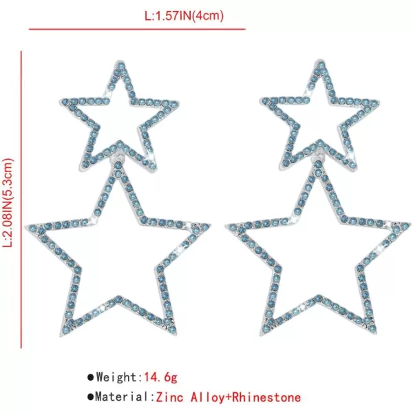 Rhinestone Big Star Dangle Earrings for Women Girls Hypoallergenic Crystal Long Tassel Stars Charms Drop Dangling Stud Fashion Lightweight Festival Christmas Birthday Party Jewelry Dainty Gifts for Friends FansSilver with Blue Zircon