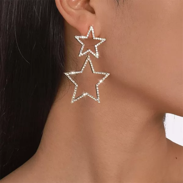 Rhinestone Big Star Dangle Earrings for Women Girls Hypoallergenic Crystal Long Tassel Stars Charms Drop Dangling Stud Fashion Lightweight Festival Christmas Birthday Party Jewelry Dainty Gifts for Friends FansSilver
