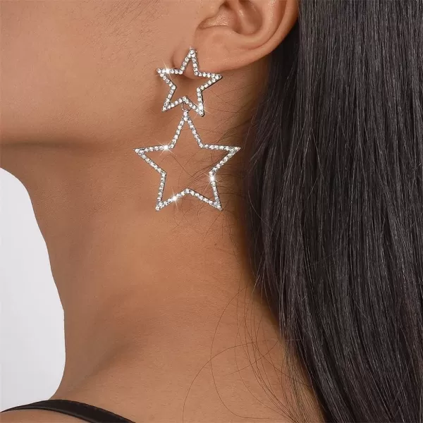 Rhinestone Big Star Dangle Earrings for Women Girls Hypoallergenic Crystal Long Tassel Stars Charms Drop Dangling Stud Fashion Lightweight Festival Christmas Birthday Party Jewelry Dainty Gifts for Friends FansSilver