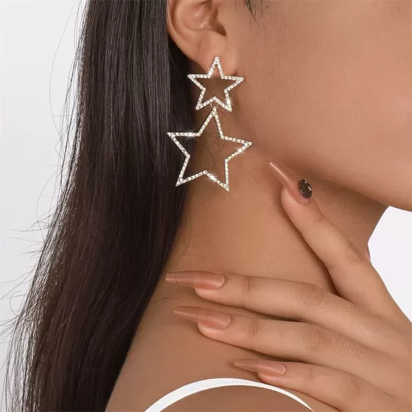 Rhinestone Big Star Dangle Earrings for Women Girls Hypoallergenic Crystal Long Tassel Stars Charms Drop Dangling Stud Fashion Lightweight Festival Christmas Birthday Party Jewelry Dainty Gifts for Friends FansSilver