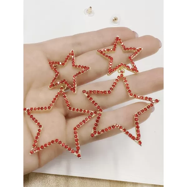 Rhinestone Big Star Dangle Earrings for Women Girls Hypoallergenic Crystal Long Tassel Stars Charms Drop Dangling Stud Fashion Lightweight Festival Christmas Birthday Party Jewelry Dainty Gifts for Friends FansGold with Red Zircon