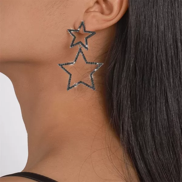 Rhinestone Big Star Dangle Earrings for Women Girls Hypoallergenic Crystal Long Tassel Stars Charms Drop Dangling Stud Fashion Lightweight Festival Christmas Birthday Party Jewelry Dainty Gifts for Friends FansSilver with Black Zircon
