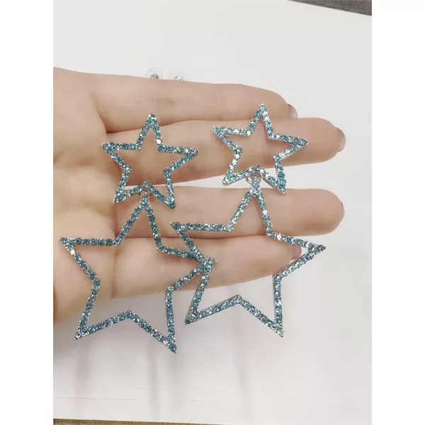 Rhinestone Big Star Dangle Earrings for Women Girls Hypoallergenic Crystal Long Tassel Stars Charms Drop Dangling Stud Fashion Lightweight Festival Christmas Birthday Party Jewelry Dainty Gifts for Friends FansSilver with Blue Zircon