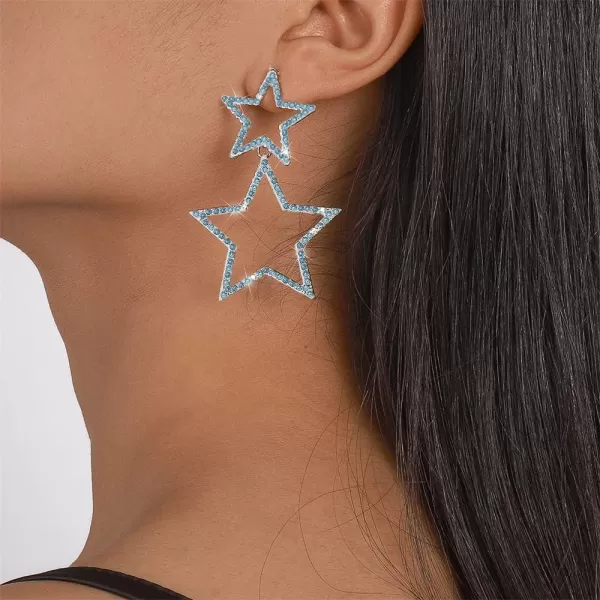 Rhinestone Big Star Dangle Earrings for Women Girls Hypoallergenic Crystal Long Tassel Stars Charms Drop Dangling Stud Fashion Lightweight Festival Christmas Birthday Party Jewelry Dainty Gifts for Friends FansSilver with Blue Zircon