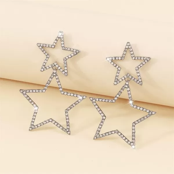 Rhinestone Big Star Dangle Earrings for Women Girls Hypoallergenic Crystal Long Tassel Stars Charms Drop Dangling Stud Fashion Lightweight Festival Christmas Birthday Party Jewelry Dainty Gifts for Friends FansSilver