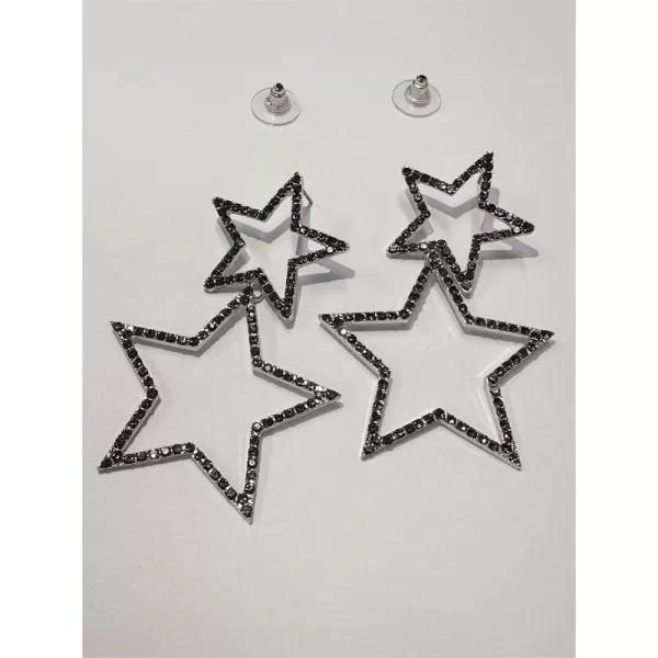 Rhinestone Big Star Dangle Earrings for Women Girls Hypoallergenic Crystal Long Tassel Stars Charms Drop Dangling Stud Fashion Lightweight Festival Christmas Birthday Party Jewelry Dainty Gifts for Friends FansSilver with Black Zircon