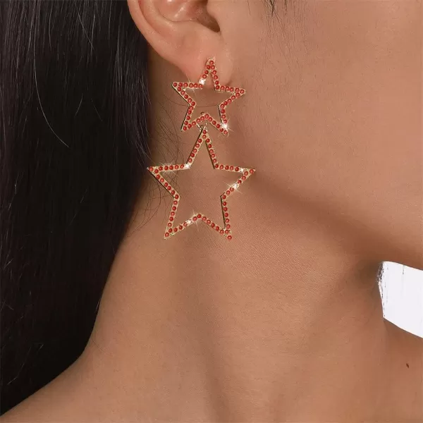 Rhinestone Big Star Dangle Earrings for Women Girls Hypoallergenic Crystal Long Tassel Stars Charms Drop Dangling Stud Fashion Lightweight Festival Christmas Birthday Party Jewelry Dainty Gifts for Friends FansGold with Red Zircon