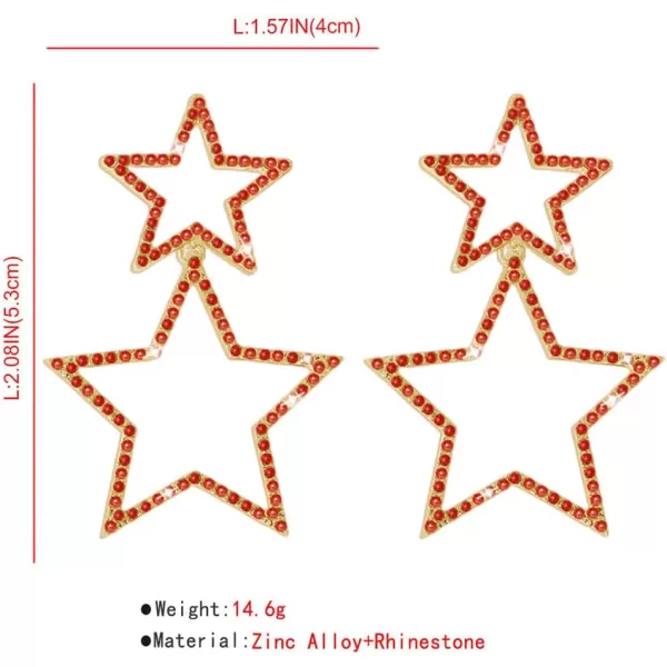 Rhinestone Big Star Dangle Earrings for Women Girls Hypoallergenic Crystal Long Tassel Stars Charms Drop Dangling Stud Fashion Lightweight Festival Christmas Birthday Party Jewelry Dainty Gifts for Friends FansGold with Red Zircon