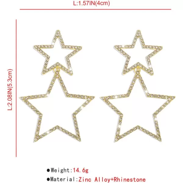 Rhinestone Big Star Dangle Earrings for Women Girls Hypoallergenic Crystal Long Tassel Stars Charms Drop Dangling Stud Fashion Lightweight Festival Christmas Birthday Party Jewelry Dainty Gifts for Friends FansGold Plated