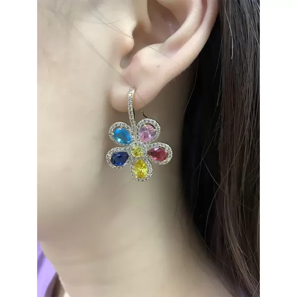 Rhinestone Flower Dangle Hook Earrings 925 Sterling Silver Stud Post for Women Girls with Charms Fashion Luxury Crystal Camellia Sunflower Daisy Drop Dangling Dainty Wedding Christmas Jewelry GiftsGold