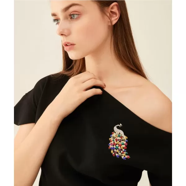 Rhinestone Peacock Brooch Pin for Women Girls Fashion Exquisite Exaggerated Big Crystal Bird Animal Brooches Lapel Pins Elegant Dress Accessories Wedding Christmas Birthday Jewelry GiftGold Plated