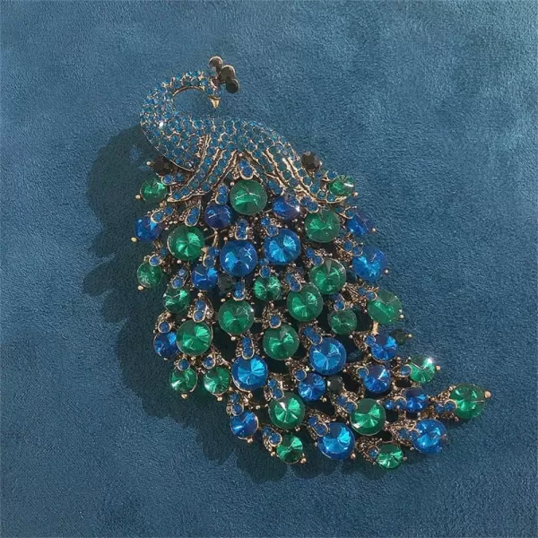Rhinestone Peacock Brooch Pin for Women Girls Fashion Exquisite Exaggerated Big Crystal Bird Animal Brooches Lapel Pins Elegant Dress Accessories Wedding Christmas Birthday Jewelry GiftBlue Green
