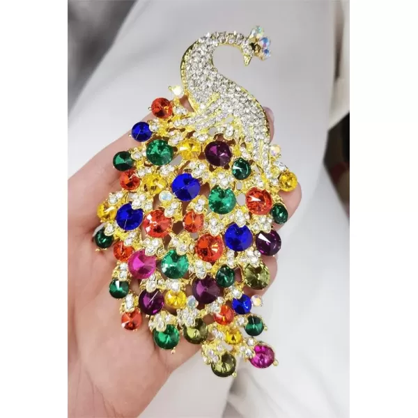 Rhinestone Peacock Brooch Pin for Women Girls Fashion Exquisite Exaggerated Big Crystal Bird Animal Brooches Lapel Pins Elegant Dress Accessories Wedding Christmas Birthday Jewelry GiftGold Plated