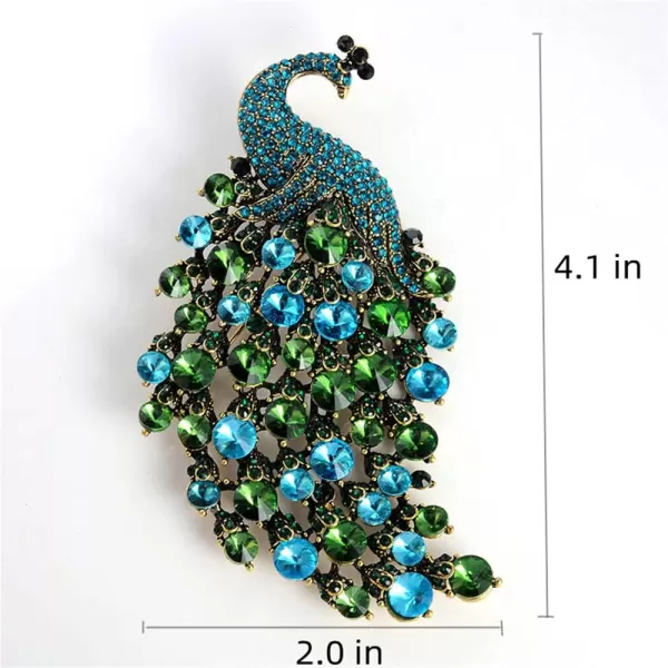 Rhinestone Peacock Brooch Pin for Women Girls Fashion Exquisite Exaggerated Big Crystal Bird Animal Brooches Lapel Pins Elegant Dress Accessories Wedding Christmas Birthday Jewelry GiftBlue Green