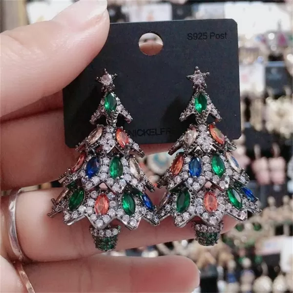Rhinestone Xmas Tree Dangle Stud Earrings for Women Girls 925 Sterling Silver Stud Post with Charms Colorful Cubic Zirconia Chandelier Leaf Drop Dangling Fashion Dainty Christmas Holiday Jewelry GiftsBlack