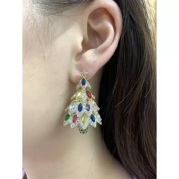 Rhinestone Xmas Tree Dangle Stud Earrings for Women Girls 925 Sterling Silver Stud Post with Charms Colorful Cubic Zirconia Chandelier Leaf Drop Dangling Fashion Dainty Christmas Holiday Jewelry GiftsGold