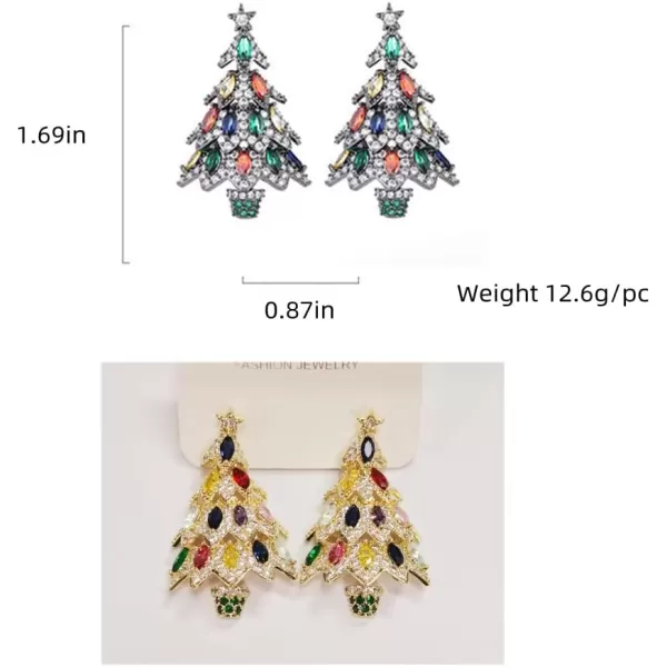 Rhinestone Xmas Tree Dangle Stud Earrings for Women Girls 925 Sterling Silver Stud Post with Charms Colorful Cubic Zirconia Chandelier Leaf Drop Dangling Fashion Dainty Christmas Holiday Jewelry GiftsGold