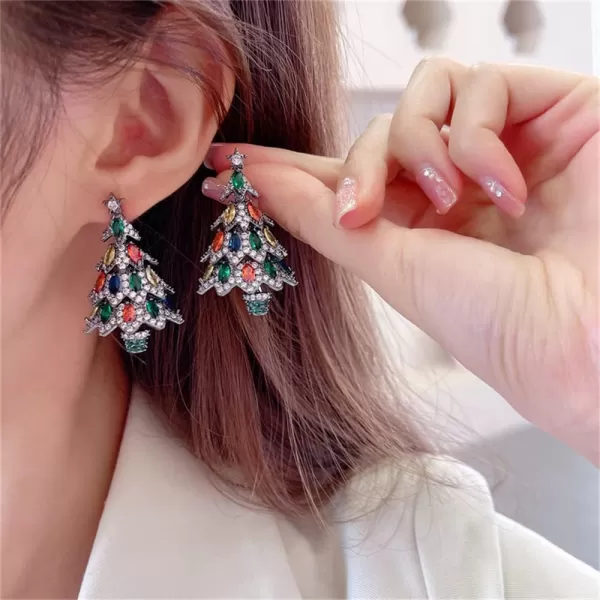 Rhinestone Xmas Tree Dangle Stud Earrings for Women Girls 925 Sterling Silver Stud Post with Charms Colorful Cubic Zirconia Chandelier Leaf Drop Dangling Fashion Dainty Christmas Holiday Jewelry GiftsBlack