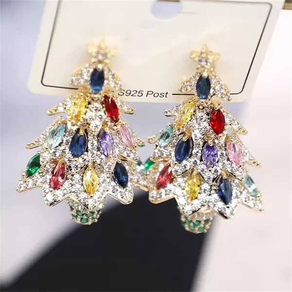 Rhinestone Xmas Tree Dangle Stud Earrings for Women Girls 925 Sterling Silver Stud Post with Charms Colorful Cubic Zirconia Chandelier Leaf Drop Dangling Fashion Dainty Christmas Holiday Jewelry GiftsGold