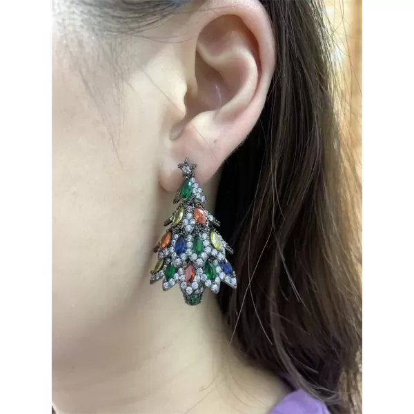 Rhinestone Xmas Tree Dangle Stud Earrings for Women Girls 925 Sterling Silver Stud Post with Charms Colorful Cubic Zirconia Chandelier Leaf Drop Dangling Fashion Dainty Christmas Holiday Jewelry GiftsBlack