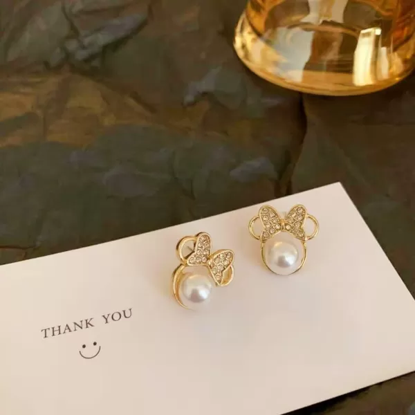 Shell Pearl Mouse Earrings for Women Girls 925 Sterling Silver 6mm CZ Cute Small Mice Studs Earring Dainty Butterfly Bowknot Cartoon Animal Cartilage Fashion Jewelry Gifts Daughter NieceGold