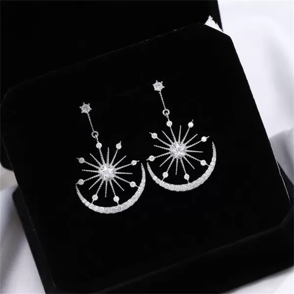 Shiny CZ Crescent Moon Star Dangle Earrings for Women Girls 925 Sterling Silver Post Pin White Gold Plated Cute Crystal Charms Drop Dangling Stud Delicate Statement Jewelry Gifts Birthday Christmas WeddingSilver