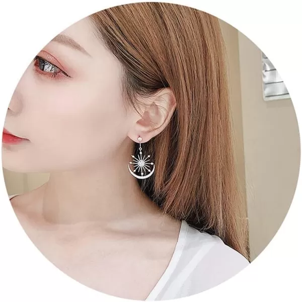 Shiny CZ Crescent Moon Star Dangle Earrings for Women Girls 925 Sterling Silver Post Pin White Gold Plated Cute Crystal Charms Drop Dangling Stud Delicate Statement Jewelry Gifts Birthday Christmas WeddingSilver