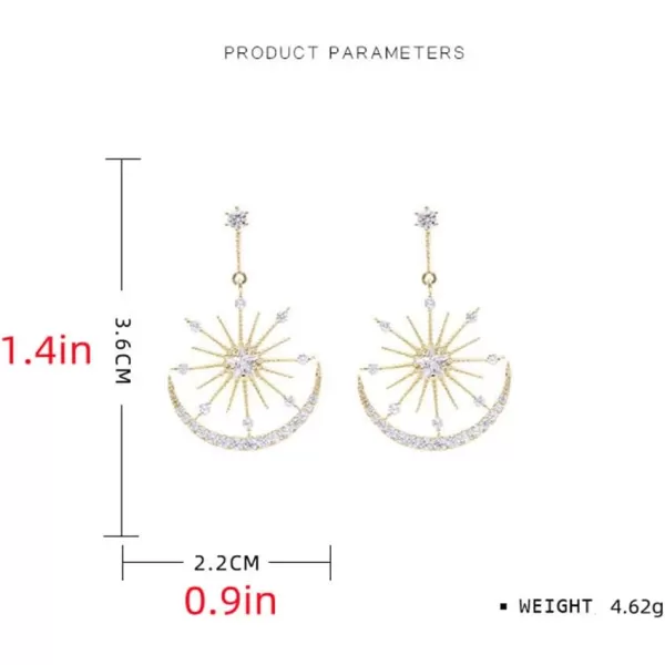 Shiny CZ Crescent Moon Star Dangle Earrings for Women Girls 925 Sterling Silver Post Pin White Gold Plated Cute Crystal Charms Drop Dangling Stud Delicate Statement Jewelry Gifts Birthday Christmas WeddingGold