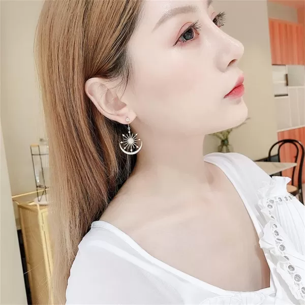 Shiny CZ Crescent Moon Star Dangle Earrings for Women Girls 925 Sterling Silver Post Pin White Gold Plated Cute Crystal Charms Drop Dangling Stud Delicate Statement Jewelry Gifts Birthday Christmas WeddingSilver