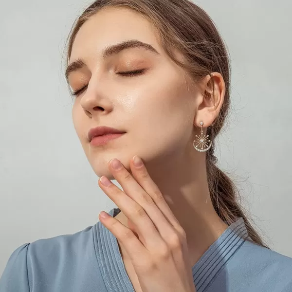 Shiny CZ Crescent Moon Star Dangle Earrings for Women Girls 925 Sterling Silver Post Pin White Gold Plated Cute Crystal Charms Drop Dangling Stud Delicate Statement Jewelry Gifts Birthday Christmas WeddingGold