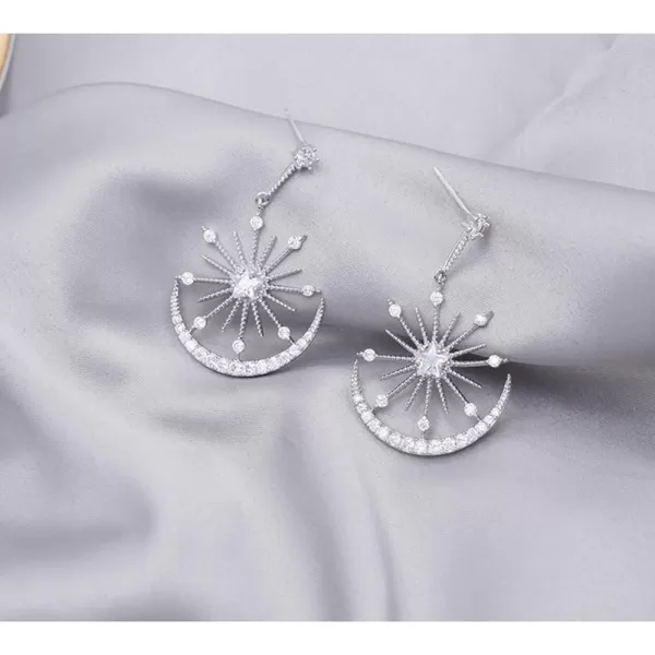Shiny CZ Crescent Moon Star Dangle Earrings for Women Girls 925 Sterling Silver Post Pin White Gold Plated Cute Crystal Charms Drop Dangling Stud Delicate Statement Jewelry Gifts Birthday Christmas WeddingSilver