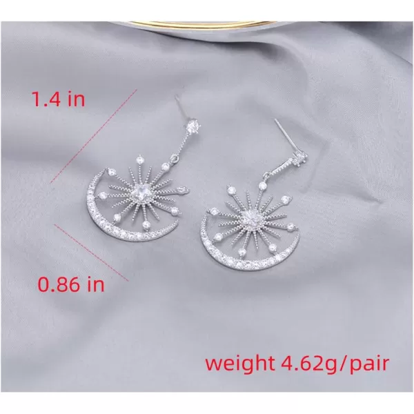 Shiny CZ Crescent Moon Star Dangle Earrings for Women Girls 925 Sterling Silver Post Pin White Gold Plated Cute Crystal Charms Drop Dangling Stud Delicate Statement Jewelry Gifts Birthday Christmas WeddingSilver