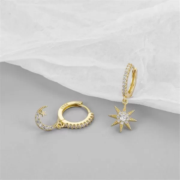 Silver Moon Star Dangle Hoop Earrings for Women Girls with Charms Asymmetrical Cubic Zirconia Starlit Crescent Diamond Drop Cartilage Huggie Hoops Cute Birthday Wedding Party Jewelry GiftGold