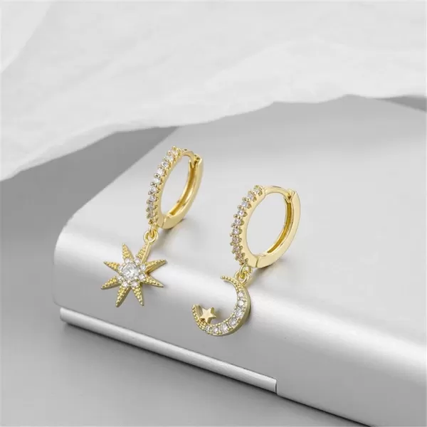 Silver Moon Star Dangle Hoop Earrings for Women Girls with Charms Asymmetrical Cubic Zirconia Starlit Crescent Diamond Drop Cartilage Huggie Hoops Cute Birthday Wedding Party Jewelry GiftGold