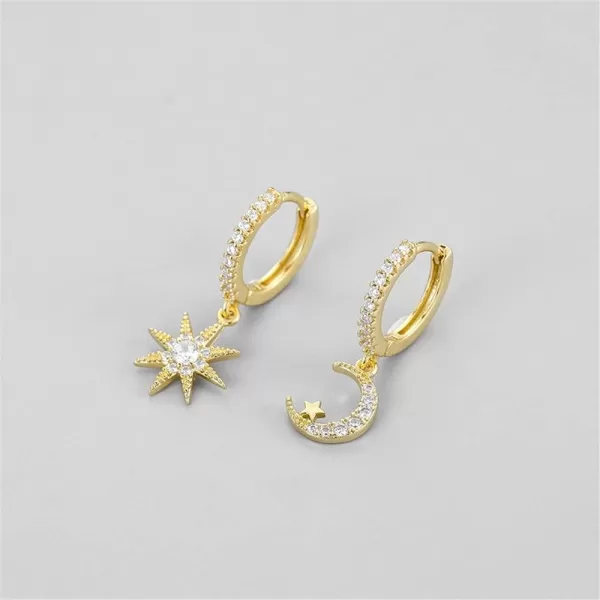 Silver Moon Star Dangle Hoop Earrings for Women Girls with Charms Asymmetrical Cubic Zirconia Starlit Crescent Diamond Drop Cartilage Huggie Hoops Cute Birthday Wedding Party Jewelry GiftGold