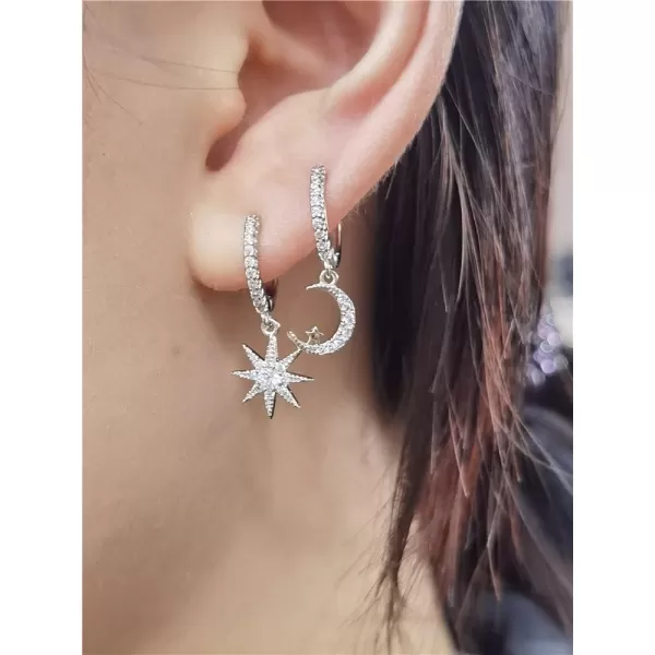 Silver Moon Star Dangle Hoop Earrings for Women Girls with Charms Asymmetrical Cubic Zirconia Starlit Crescent Diamond Drop Cartilage Huggie Hoops Cute Birthday Wedding Party Jewelry GiftSilver
