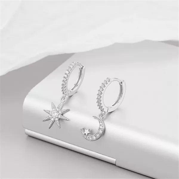 Silver Moon Star Dangle Hoop Earrings for Women Girls with Charms Asymmetrical Cubic Zirconia Starlit Crescent Diamond Drop Cartilage Huggie Hoops Cute Birthday Wedding Party Jewelry GiftSilver
