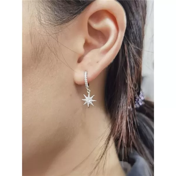 Silver Moon Star Dangle Hoop Earrings for Women Girls with Charms Asymmetrical Cubic Zirconia Starlit Crescent Diamond Drop Cartilage Huggie Hoops Cute Birthday Wedding Party Jewelry GiftSilver