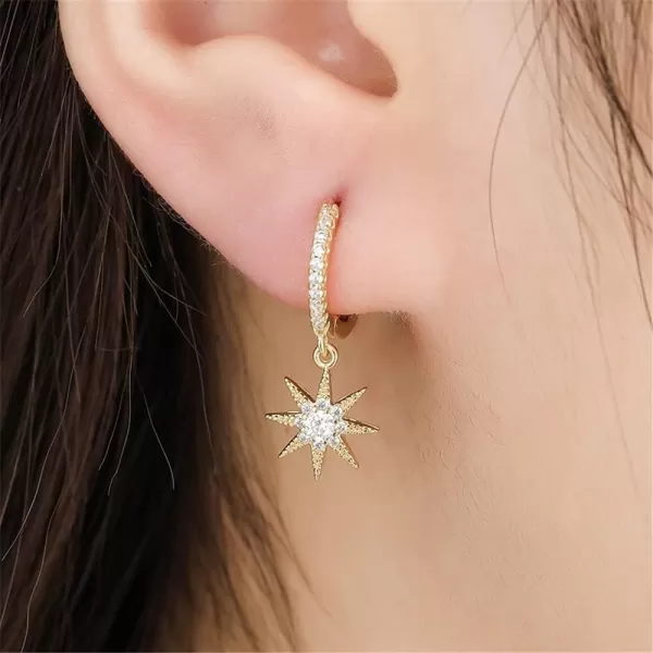 Silver Moon Star Dangle Hoop Earrings for Women Girls with Charms Asymmetrical Cubic Zirconia Starlit Crescent Diamond Drop Cartilage Huggie Hoops Cute Birthday Wedding Party Jewelry GiftGold