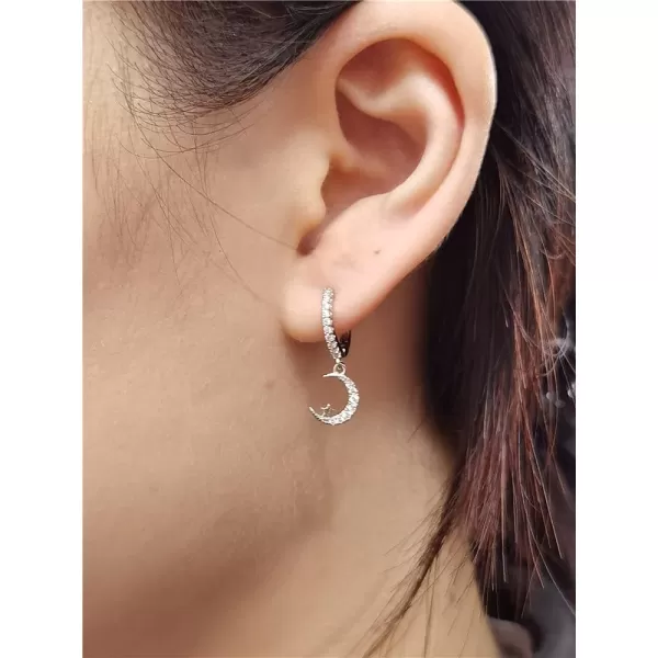 Silver Moon Star Dangle Hoop Earrings for Women Girls with Charms Asymmetrical Cubic Zirconia Starlit Crescent Diamond Drop Cartilage Huggie Hoops Cute Birthday Wedding Party Jewelry GiftSilver