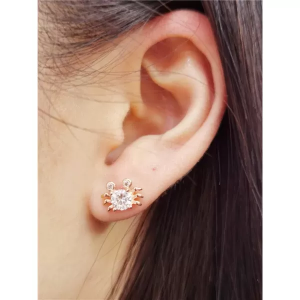 Small Crab Stud Sterling Silver Earrings for Women Teen Girls Cubic Zirconia Round Crystal Cute Animal Hypoallergenic Ocean Beach Jewelry for DaughterRose Gold Plated