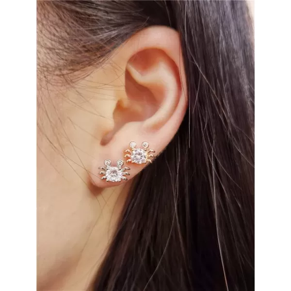 Small Crab Stud Sterling Silver Earrings for Women Teen Girls Cubic Zirconia Round Crystal Cute Animal Hypoallergenic Ocean Beach Jewelry for DaughterRose Gold Plated