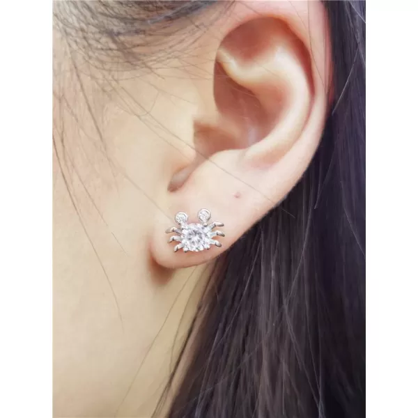 Small Crab Stud Sterling Silver Earrings for Women Teen Girls Cubic Zirconia Round Crystal Cute Animal Hypoallergenic Ocean Beach Jewelry for DaughterSilver