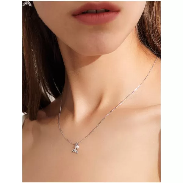 Small Mermaid Tail Necklace for Women Teen Girls Sterling Silver Tiny Pearl Cute Choker Pendant Necklaces Thin Link Chain Birthday Christmas Valentines Day Gifts for Daughter Sister 16 inchSilver