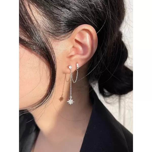 Star 925 Sterling Silver Double Piercing Earrings Huggie Cuff Chain for Women Teen Girls 2 Holes CZ Charm Dangle Drop Small Hoop Earrings Cartilage Climber JewelryStar 925 Sterling Silver Double Piercing Earrings Huggie Cuff Chain for Women Teen Girls 2 Holes CZ Charm Dangle Drop Small Hoop Earrings Cartilage Climber Jewelry