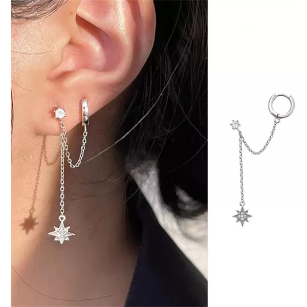 Star 925 Sterling Silver Double Piercing Earrings Huggie Cuff Chain for Women Teen Girls 2 Holes CZ Charm Dangle Drop Small Hoop Earrings Cartilage Climber JewelryStar 925 Sterling Silver Double Piercing Earrings Huggie Cuff Chain for Women Teen Girls 2 Holes CZ Charm Dangle Drop Small Hoop Earrings Cartilage Climber Jewelry